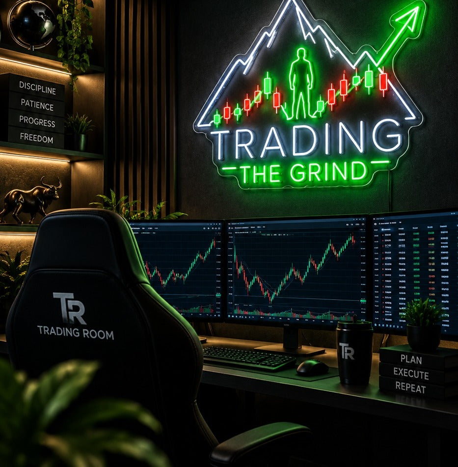 A dark trading room with THE GRIND neon sign