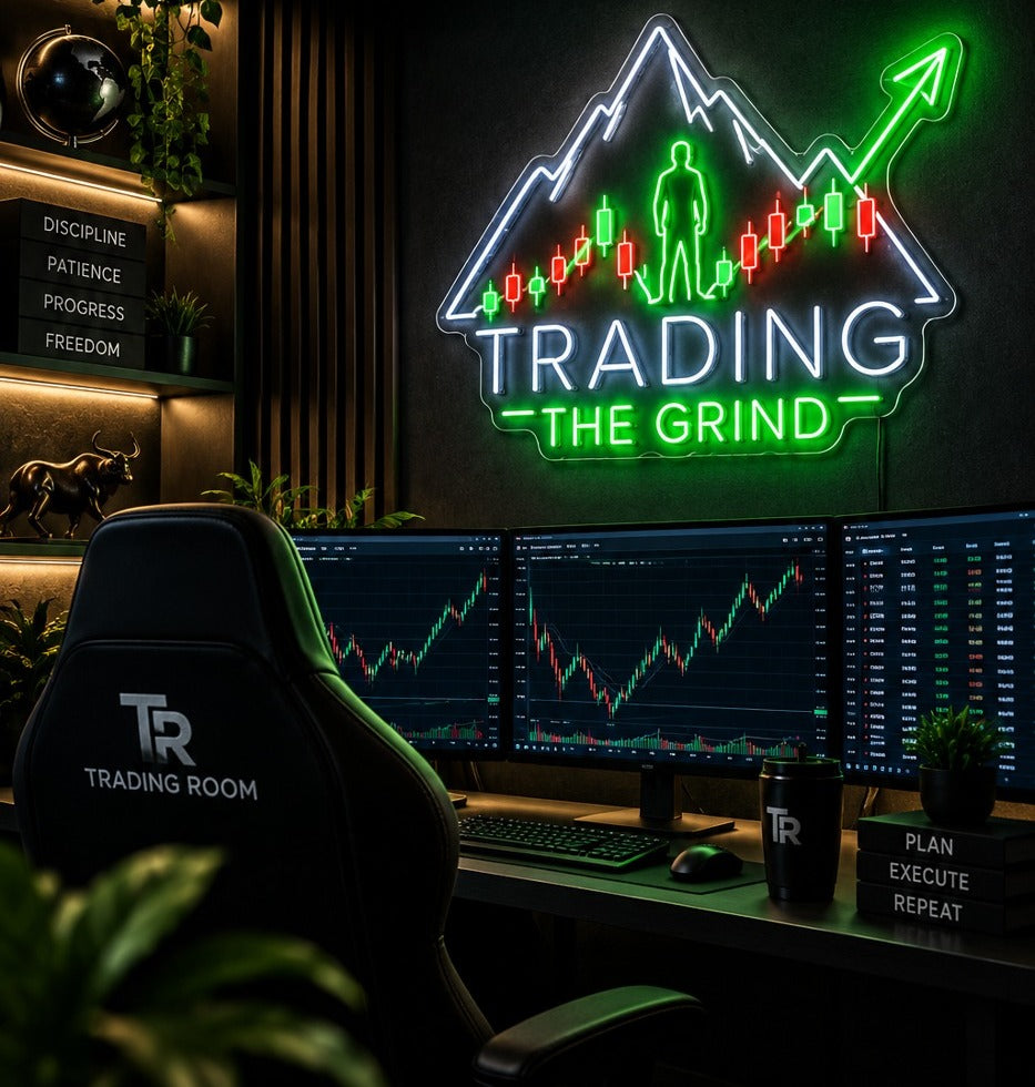 A dark trading room with THE GRIND neon sign